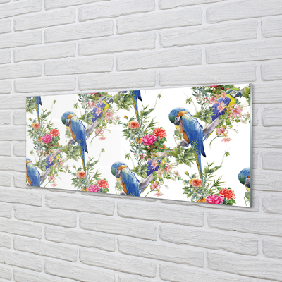 Skleněný panel Ptáci na větvi s květinami