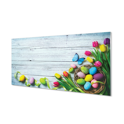 Skleněný panel Eggs tulipány motýl