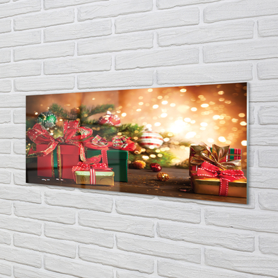 Skleněný panel Dárky vánoční ozdoby světla