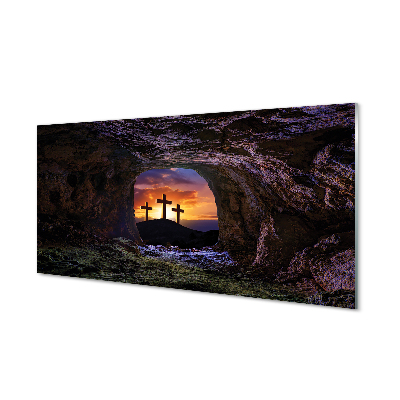 Skleněný panel kříže při západu slunce