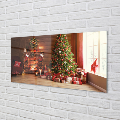 Skleněný panel Krbová dárky vánoční stromky