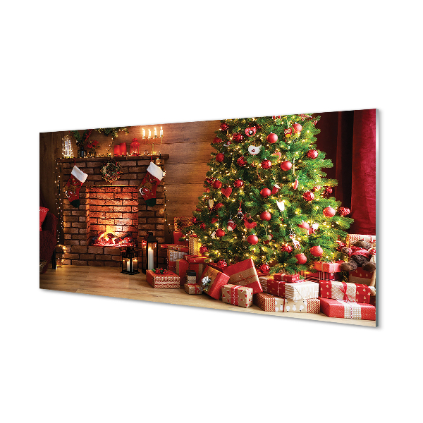 Skleněný panel Krbová dárky vánoční stromky