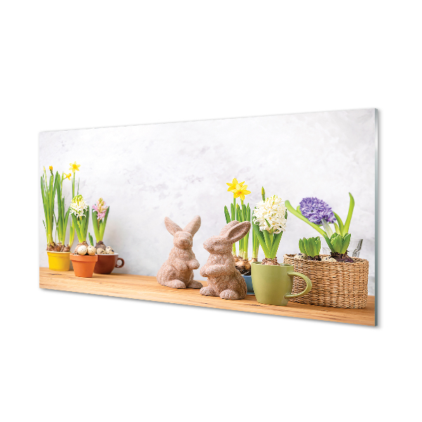 Skleněný panel květiny králíci
