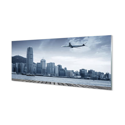 Skleněný panel Letadel mraky město