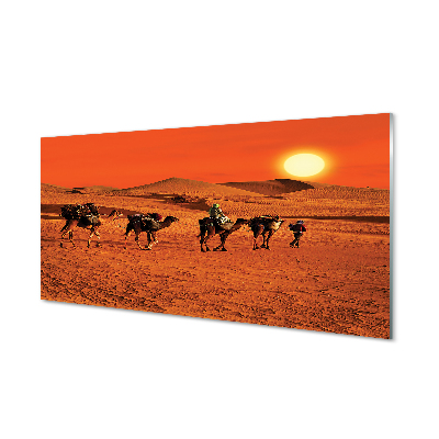 Skleněný panel Velbloudi lidí pouštní slunce nebe