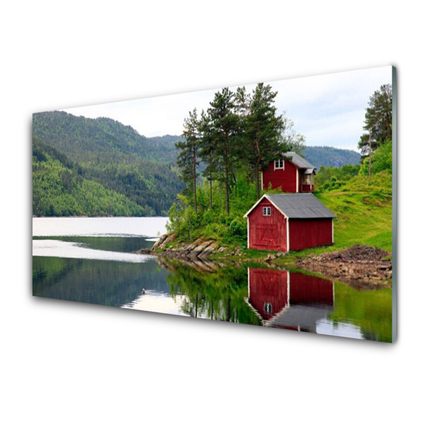akrylový obraz Hory Dům Jezero Krajina