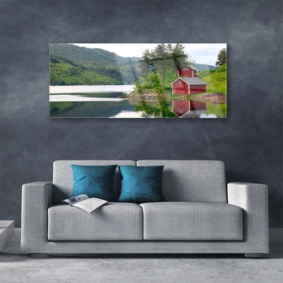 akrylový obraz Hory Dům Jezero Krajina