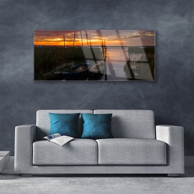 Plexisklo-obraz Loďky Moře Tráva Krajina