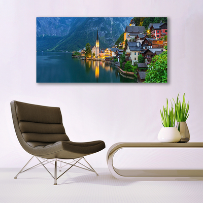 Plexisklo-obraz Hory Městečko Noc Jezero