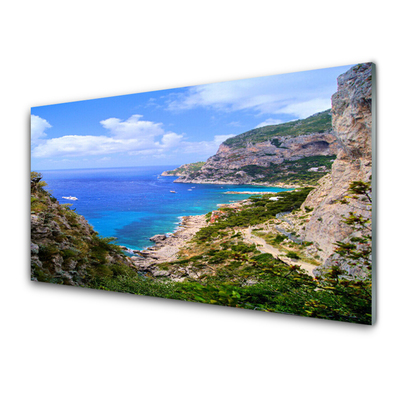 Kuchyňský skleněný panel Moře Pláž Hory Krajina