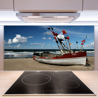 Kuchyňský skleněný panel Moře Pláž Loďka Krajina