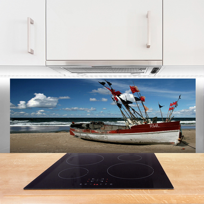 Kuchyňský skleněný panel Moře Pláž Loďka Krajina