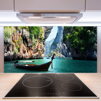 Kuchyňský skleněný panel Loď Jezero Skály Krajina