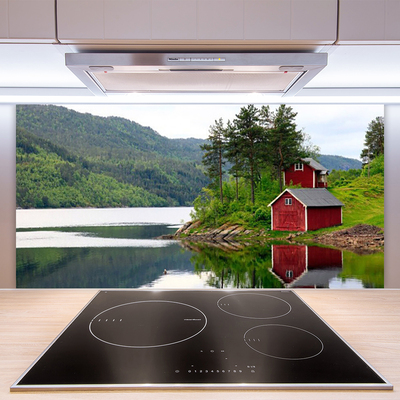 Kuchyňský skleněný panel Hory Dům Jezero Krajina