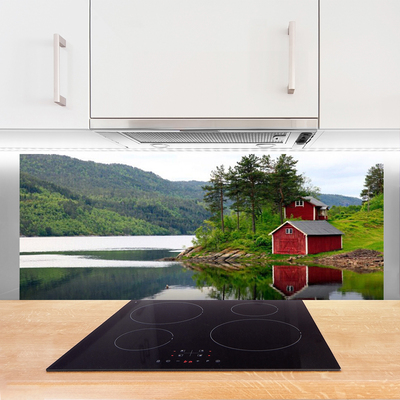Kuchyňský skleněný panel Hory Dům Jezero Krajina