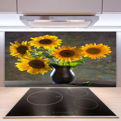Kuchyňský skleněný panel Slunečnice Váza Rostlina