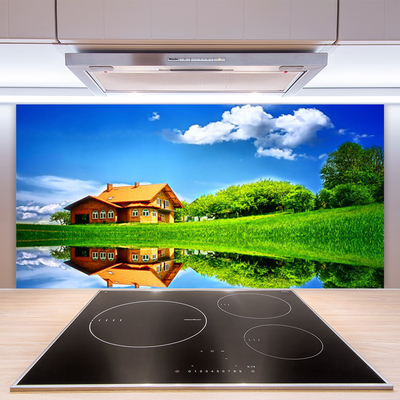 Kuchyňský skleněný panel Dům Jezero Tráva Příroda