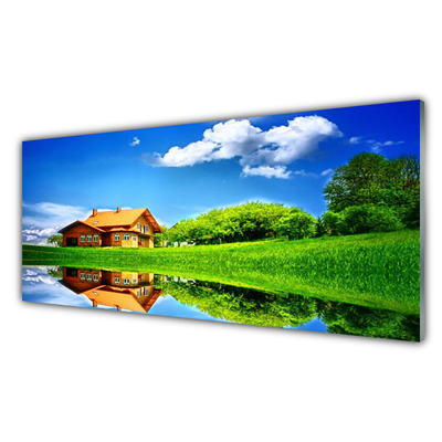 Kuchyňský skleněný panel Dům Jezero Tráva Příroda