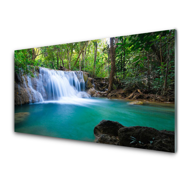 Kuchyňský skleněný panel Vodopád Jezero Les Příroda