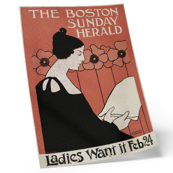 Dekorativní plakát Vintage plakát Boston Sunday Herald (1895–1901) zobrazující ženu čtecí noviny v secesním stylu od Ethel Reedové