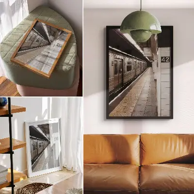Plakát moderní nástupiště metra v dynamickém architektonickém prostoru
