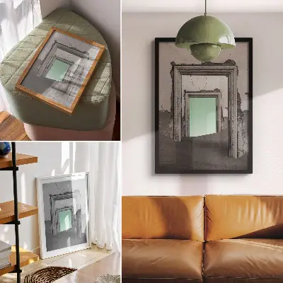 Nástěnný plakát surrealistická zelená poušť v opuštěné budově