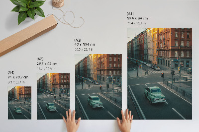 Nástěnný plakát Činžovní domy retro auto západ slunce atmosféra