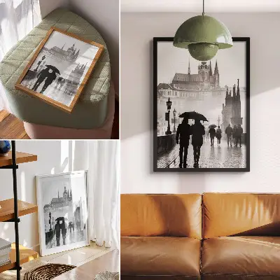 Plakát na zeď procházka v dešti s historickou architekturou a párem