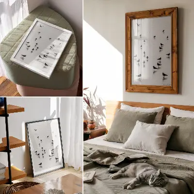 Plakát na zeď ptáci nad vodou s jemnými odrazy v minimalistickém stylu