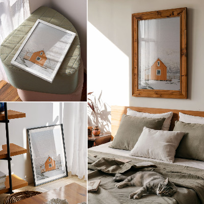 Nástěnný plakát Oranžový dům zasněžené hory minimalistický rám