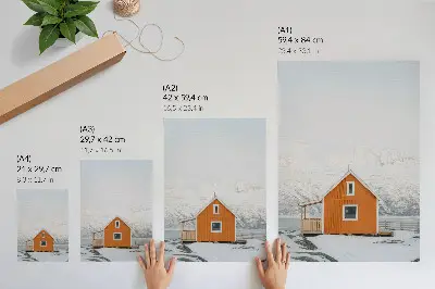 Nástěnný plakát minimalistický motiv oranžového domu a zasněžených hor s rámem