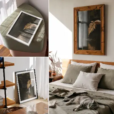 Plakát na zeď kapradina nad vodou s harmonickými kapkami a odrazem