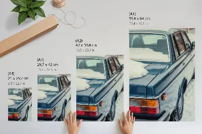 Dekorativní plakát retro auto na sněhově modrém a bílém pozadí