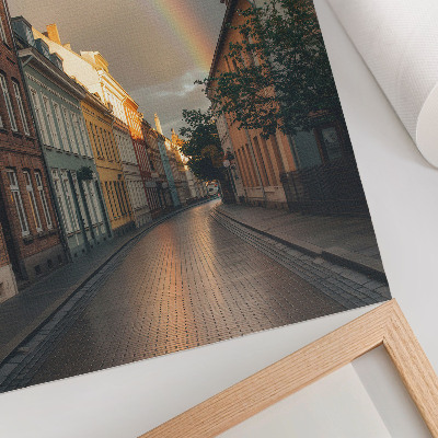 Nástěnný plakát Barevné činžovní domy, duha, zatažená obloha