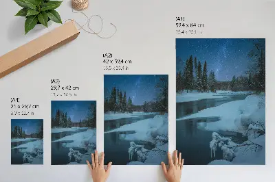 Plakát na zeď zimní krajina s řekou, stromy a hvězdami