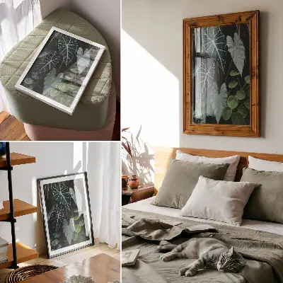 Nástěnný plakát zelené listy kontrastující s tmavým moderním pozadím