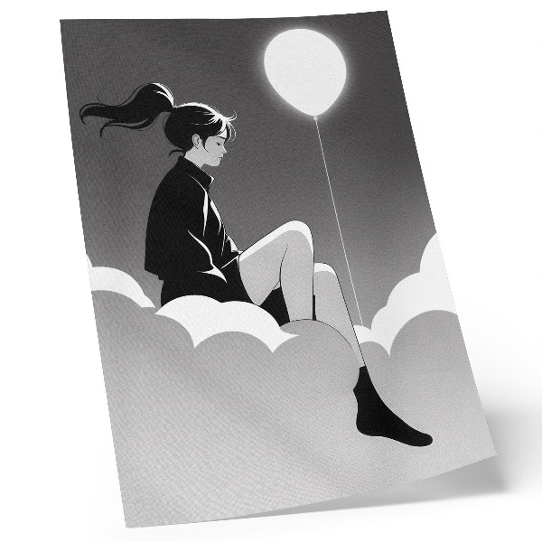 Nástěnný plakát Postava na oblaku s balónem v minimalistickém stylu