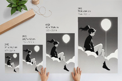 Nástěnný plakát Postava na oblaku s balónem v minimalistickém stylu