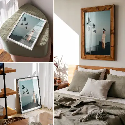 Plakát surrealistický obraz žena s kufrem na pozadí oblohy s ptáky