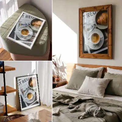 Plakát černobílé zátiší s kávou a croissantem v elegantním relaxačním stylu