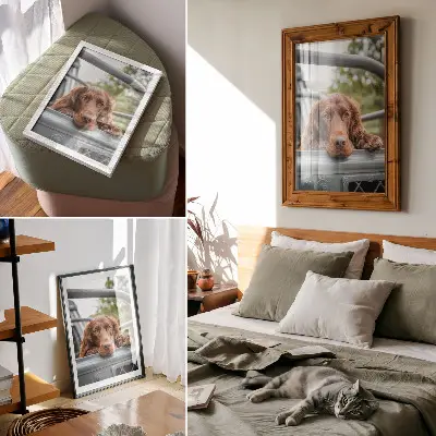 Plakátový obraz hnědý pes u vozidla se zelenými stromy