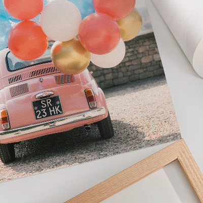 Dekorativní plakát Růžové auto s balónky v retro pozadí