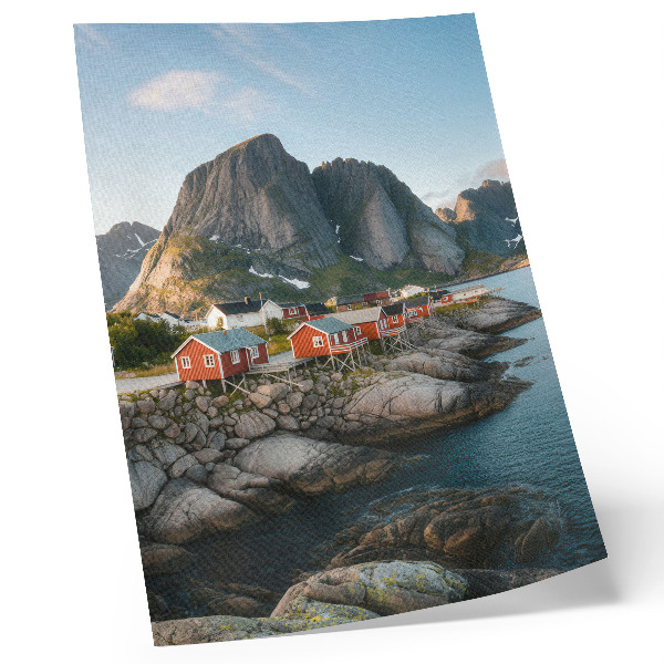Nástěnný plakát Červené domy fjord hory západ slunce