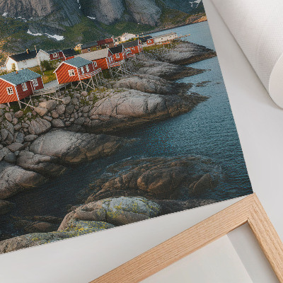 Nástěnný plakát Červené domy fjord hory západ slunce