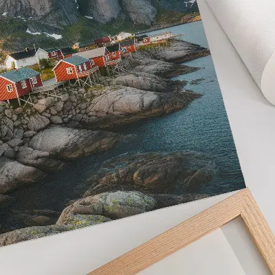 Nástěnný plakát červené domy u fjordu při západu slunce