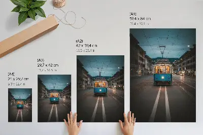 Plakátový obraz večerní městská tramvaj v retro stylu