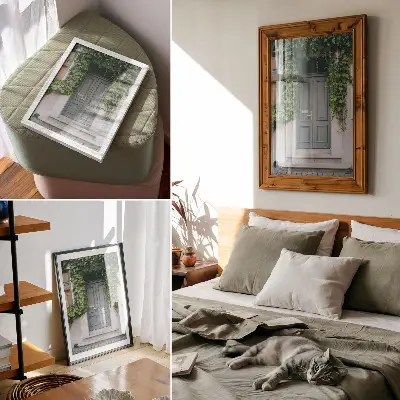 Plakát na zeď zelené vinné révy se šedými dveřmi v harmonické kompozici