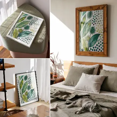 Plakátový obraz zelené listy s tečkami v přírodním boho stylu