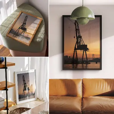 Plakát na zeď silueta průmyslového jeřábu při západu slunce nad mostem