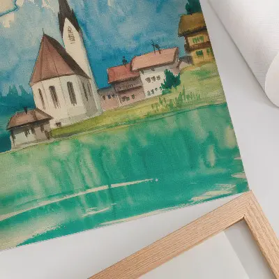 Plakátový obraz akvarelový motiv kostela v horách s motivem míru a přírody